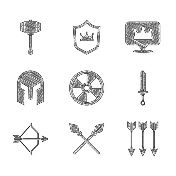 Set Round wooden shield, Crossed medieval spears, arrows, Medieval sword, bow and, iron helmet, Location king crown and Hammer icon. Vector — стоковый вектор