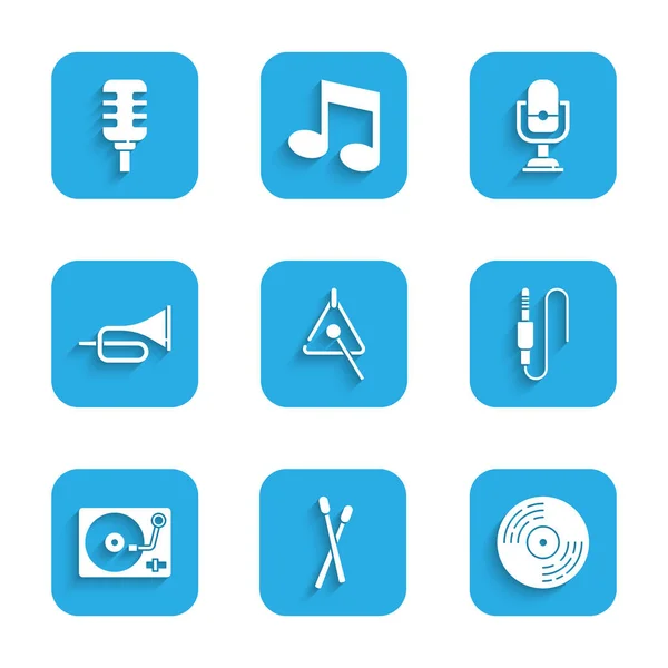 Set Triangle, Drum sticks, Vinyl disk, Audio jack, player with vinyl, Trumpet, Microphone and icon. Vector — Vetor de Stock