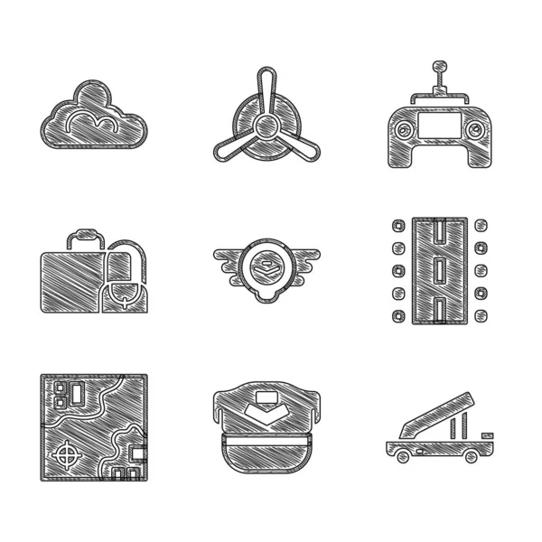 Set Aviation emblem, Pilot hat, Passenger ladder, Airport runway, World travel map, Suitcase, Drone remote control and Cloud weather icon. Vector — Stock Vector