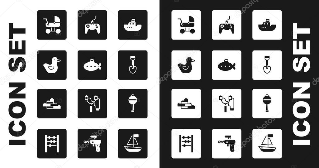 Set Toy boat, Submarine toy, Rubber duck, Baby stroller, Shovel, Gamepad, Rattle baby and building block bricks icon. Vector