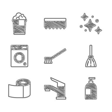 Temizlik için fırça, su musluğu, bulaşık deterjanı, süpürge, tuvalet kağıdı rulosu, çamaşır makinesi, ev servisi ve köpük ikonlu kova. Vektör