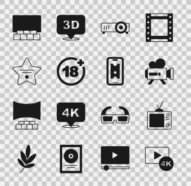 Ekran TV 'yi 4k, Retro, sinema kamerası, Film, Film, Medya Projektörü, Artı 18 film, Şöhret Yolu yıldızı, Sinema konser salonu ekranı ve Buy bilet çevrimiçi ikonu ile ayarla. Vektör