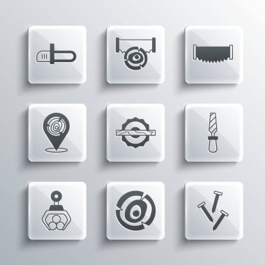 Tahta kütükler, metal çiviler, Rasp metal dosyası, elektrikli testere, Grapple vinç yakalama, testere ve iki elli ikon. Vektör