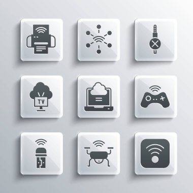 Akıllı İHA sistemini, kablosuz interneti, kablosuz oyun alanını, ağ bulut bağlantısını, Usb adaptörünü, TV 'yi, yazıcıyı ayarla ve ses bağlantısı yok. Vektör