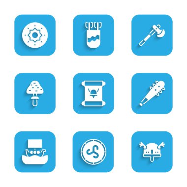 Kararname, parşömen, parşömen, parşömen, kalkan viking, Viking boynuzlu miğfer, dikenli topuz, gemi Drakkar, mantar, tahta balta ve ikon. Vektör