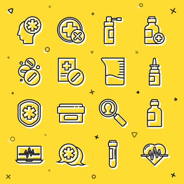 Kalp atış hızı, bir şişe ilaç şurubu, burun spreyi, hortum, reçete, ilaç hapı ya da tablet, erkek kafa hastanesi ve ölçü kabı ikonu. Vektör