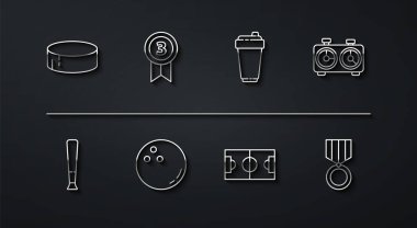 Hokey diski, beysbol sopası, satranç saati, futbol ya da futbol sahası, bowling, madalya ve fitness sallama ikonu. Vektör