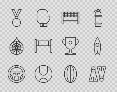 Çizgili direksiyon, yüzmek için lastik yüzgeçler, Ribbon bitiş çizgisi, Tenis topu, madalya, voleybol ağı, Rugby ve sörf tahtası ikonu. Vektör