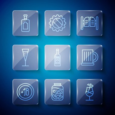Alkol 18 artı, salatalık turşusu kavanozu, kokteyl, bar kapısı, cam şişe votka, şampanya, viski ve ahşap bira bardağı ikonu. Vektör