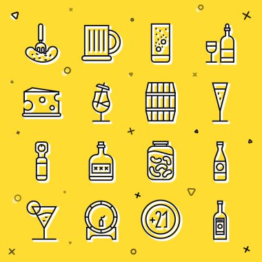 Cam şişe votka, bira, şampanya, suda patlayan tabletler, Kokteyl, Peynir, çatalda salatalık turşusu ve tahta fıçı ikonu. Vektör