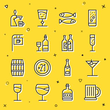 Çizgi, tahta bira bardağı, martini bardağı, bir bardak şampanya, kurutulmuş balık, şarap şişesi, levha barı, bira fıçısı ve şişe şarap ikonu. Vektör
