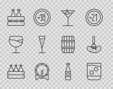 Ahşap bir kutuda şarap şişeleri, cam viski, martini bardağı, rafta tahta fıçı, bira şişeleri, şampanya, bira ve turşu çatalı ikonu. Vektör