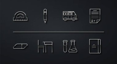 Çizgi açıcı, silgi kauçuğu, A + notu olan sınav kağıdı, test tüpü ve matarası, okul masası sandalyesi, silgi, Spiral defter ve otobüs simgesi. Vektör