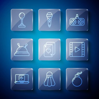 Set line Online play video, Badminton shuttlecock, Bomb ready explode, Gamepad, Playing cards, Needle bed and needles, Joystick for arcade machine and Video icon. Vector