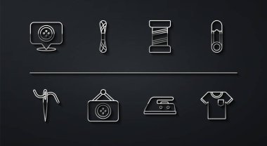 Hat yeri terzisi, iğne iplik, emniyet iğnesi, elektrikli ütü, terzi, iplik, tişört ve dikiş ikonu. Vektör