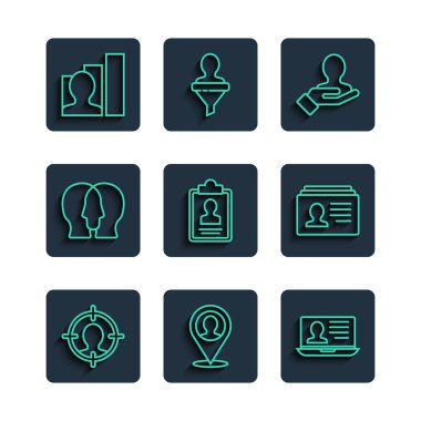 Çizgi başı avcılığı, kişi ile yer belirleme, dizüstü bilgisayar özgeçmişi, arama görevlileri için el yazısı, pano, proje ekibi üssü, Üretici İnsan ve Devam simgesi. Vektör