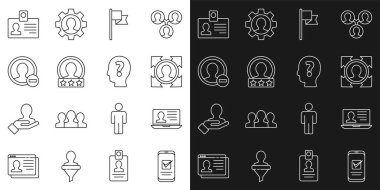 Satır Smartphone, özgeçmişi olan dizüstü bilgisayar, kafa avcılığı, yer belirleyici, hesap ekranı, kimlik kartı ve soru simgesi oluştur. Vektör