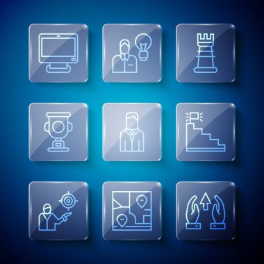 Satır pazarlama hedef stratejisi, konumu, büyüme grafiği ve ilerlemesi ile katlanmış harita, Business, Worker, Award cup, Computer monitör ve Stair bitiş bayrağı simgesi. Vektör