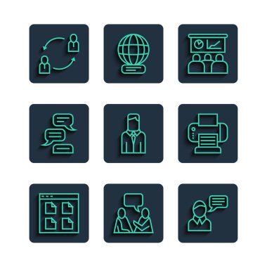 Satır Tarayıcı dosyalarını ayarla, iki oturan adam konuşuyor, konuşma balonu sohbeti, eğitim, sunum, İşçi, İnsan Kaynakları ve Yazıcı simgesi. Vektör