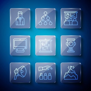 Megafon hattı, çalışanı olan patron, dağ bayrağı, eğitim, sunum, planlama stratejisi konsepti, bilgisayar monitörü, işçi ve ödül kupası ikonu. Vektör