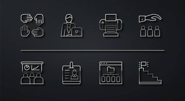 Hat Proje tabanı, Eğitim, Sunum, Patron çalışanı, Tarayıcı dosyaları, kimlik kartı, İşadamı, Merdiven bitiş bayrağı ve matbaa simgesi. Vektör