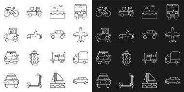 Hatchback arabası, kargo kamyonu, uçak, kürekli tekne, denizaltı, traktör, bisiklet ve ikon. Vektör