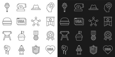 ABD Bağımsızlık Günü 'nü ayarlayın. Yıldız madalyası, Amerikan bayrağı, şapka kurdelesi, tarayıcı, Burger, Meşale Alevi ve Hexagram Şerif ikonu. Vektör