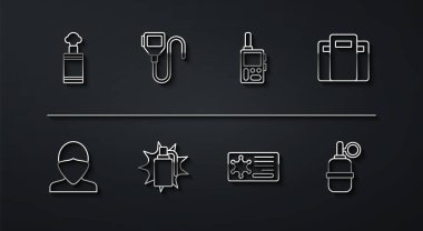 Hat el bombası, vandal, polis saldırı kalkanı, rozet, telsiz ve ikon. Vektör