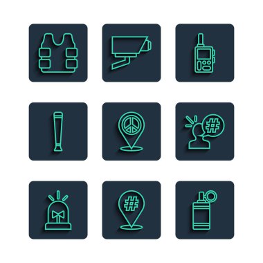 Flasher sireni, Protesto, el bombası, telsiz, lokasyon barışı, polis lastik copu, kurşun geçirmez yelek ve ikon. Vektör