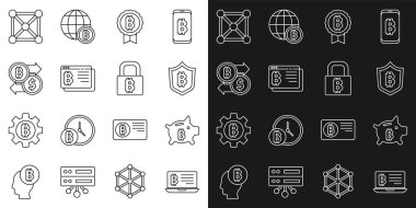 Dizüstü bilgisayardan, Piggy Bank 'tan, Shield' den, Bitcoin 'den, tarayıcıdan, Kripto para değişimi, Blockchain teknolojisi ve Lock ikonundan gelen bitcoin hattını ayarlayın. Vektör