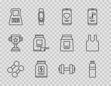 Set hattı Dumbbell, fitness shake, kalp atış hızı olan mobil, spor beslenme, ağırlık ve kolsuz tişört ikonu. Vektör