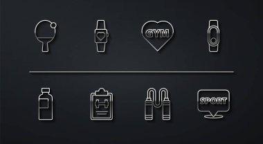 Raket ve top, fitness karıştırıcı, Smartwatch, ip atlama, spor eğitim programı, spor salonu ve kalp ikonu. Vektör