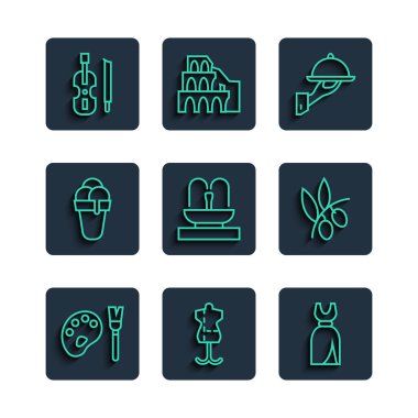 Paletli boya fırçası, manken, kadın elbisesi, kaplanmış yemek tepsisi, çeşme, dondurma, keman ve zeytin dalı ikonu. Vektör