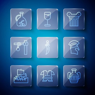 Yunan trireme, vücut zırhı, Antik amfora, sütun, hançer, darağacı, bir şişe zeytinyağı ve kask ikonu. Vektör