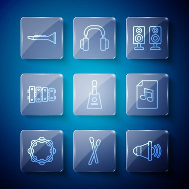 Set line Tambourine, Drum sticks, Speaker volume, Stereo speaker, Balalaika, Xylophone, Clarinet and Music book with note icon. Vector