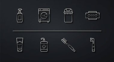 Sıvı sabun şişesi, tüp diş macunu, jilet, diş fırçası, el dezenfektanı şişesi, çamaşır makinesi, elektrikli diş fırçası ve çöp kutusu ikonu. Vektör