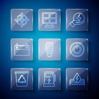 Geri dönüşüm kutusunu geri dönüşümlü olarak ayarla, elektrikli araba şarj istasyonu, su enerjisi, yıldırım, LED ampul, araba aküsü, rüzgar türbini ve güç düğmesi simgesi. Vektör