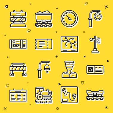 Kargo vagonu, QR kod bileti, tren trafik ışığı, istasyon saati, tren raylarının sonu ve tren yolu haritası ikonu. Vektör