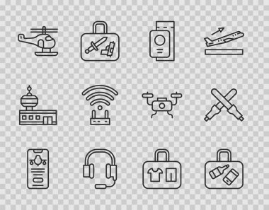 Bilet, bavul, pasaport, kulaklık, mikrofon, helikopter, yönlendirici ve wi-fi sinyali ve Marshalling asa simgesi ile cep telefonu hattını ayarlayın. Vektör