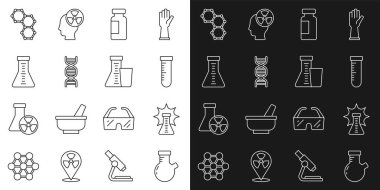 Çizgi test tüpü ve matara, kimyasal patlama, DNA sembolü, formül ve ikon ayarla. Vektör