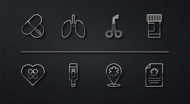 Hat hattı ilaç veya tablet, kırık kalp, şişe ve haplar, çapraz hastaneli konum, dijital termometre, akciğerler, klinik kayıt ve tıbbi makas ikonu. Vektör
