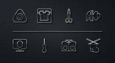 Çizgi örgüsü, tebeşir, deri, elektrikli demir, gömlek, Awl aleti, desen, örgü iğneleri ve makas simgesi. Vektör