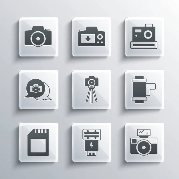 Set Photo camera flash, with, Camera roll cartridge, SD card, and icon. Vector — Vector de stock