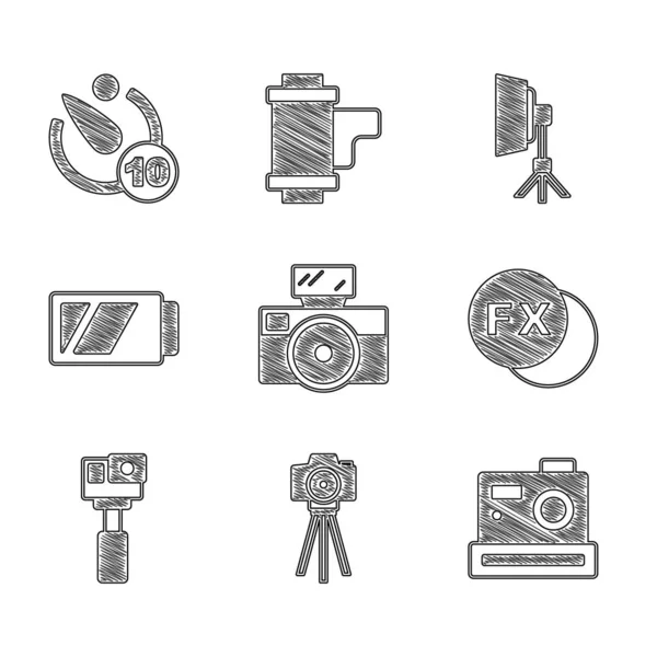 Set Photo camera with flash, fx, Action, Battery for, Softbox light and Camera timer icon. Vector — Archivo Imágenes Vectoriales