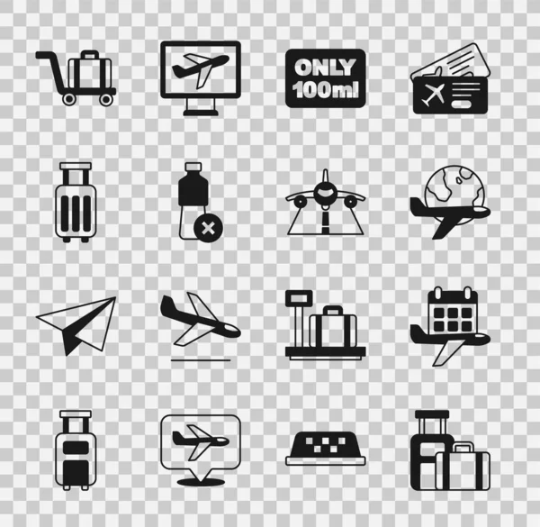 Set Suitcase, Calendar and airplane, Globe with flying, Liquids carry-on baggage, No water bottle, Trolley and Plane icon. Vector — Stockový vektor