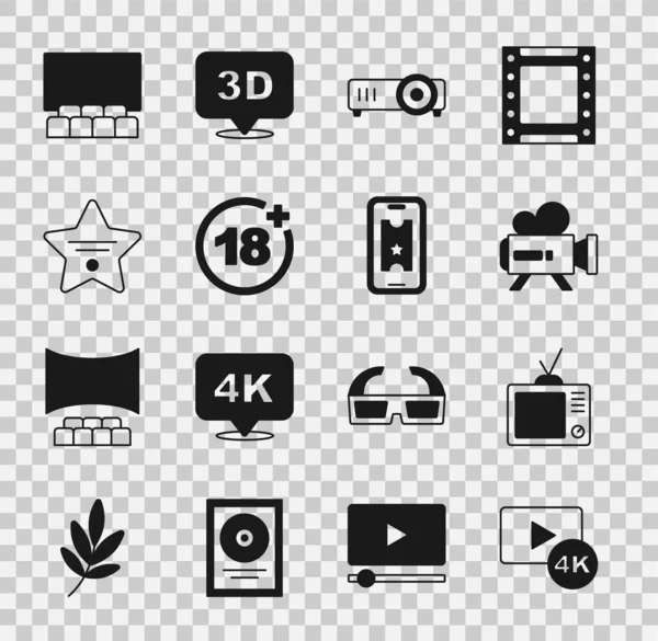 Ekran TV 'yi 4k, Retro, sinema kamerası, Film, Film, Medya Projektörü, Artı 18 film, Şöhret Yolu yıldızı, Sinema konser salonu ekranı ve Buy bilet çevrimiçi ikonu ile ayarla. Vektör