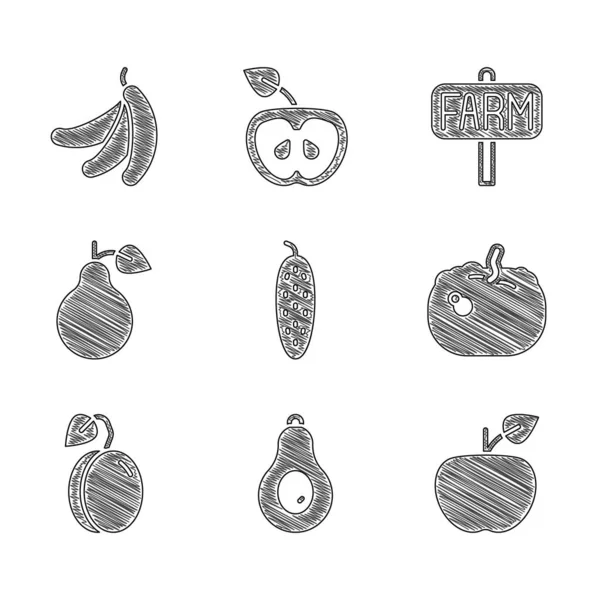 Set Cucumber, Avocado, Apple, Pumpkin, Plum fruit, Pear, Location farm and Banana icon. Vector — Archivo Imágenes Vectoriales