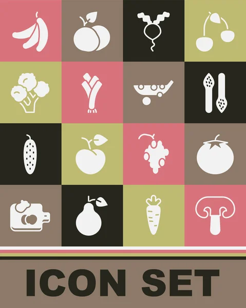 Set Mushroom, Tomato, Asparagus, Radish, Leek, Broccoli, Banana and Peas icon. Vector — Image vectorielle