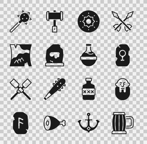 Set Wooden beer mug, Viking head, Magic rune, Shield viking, Folded map, Mace with spikes and Bottle potion icon. Vector — 스톡 벡터