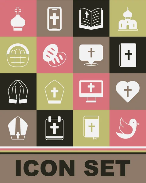 Set Dove, Christian cross in heart, Holy bible book, bread, Basket with easter eggs, church tower and Location building icon. Vector — Vector de stock
